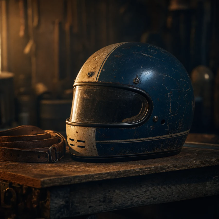 A scuffed vintage racing helmet resting on a workshop bench.