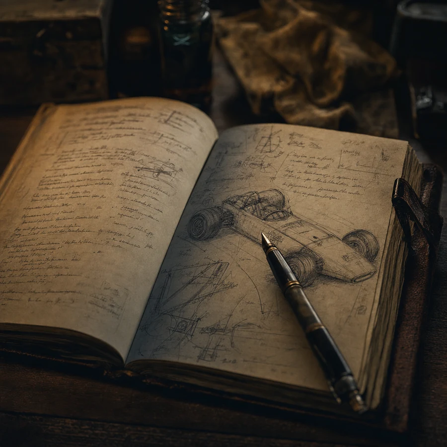 A leather notebook, open to a rough sketch and handwritten notes.