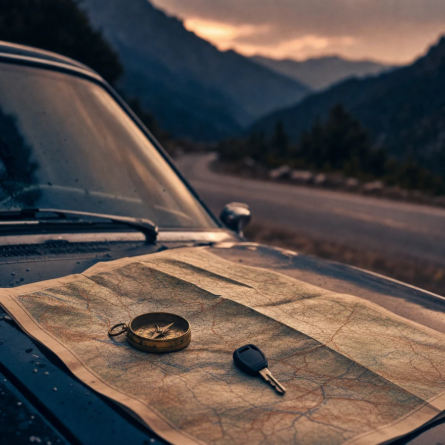 A paper road map with a compass and a car key resting on it.