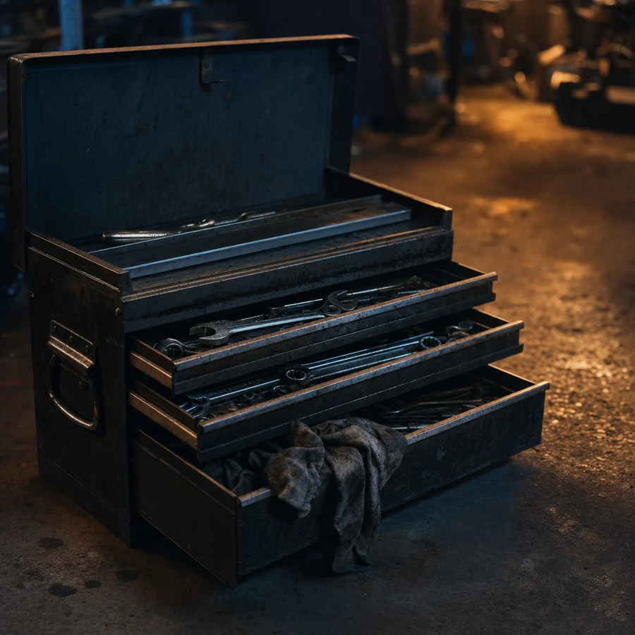 A steel mechanic&rsquo;s toolbox with drawers open.