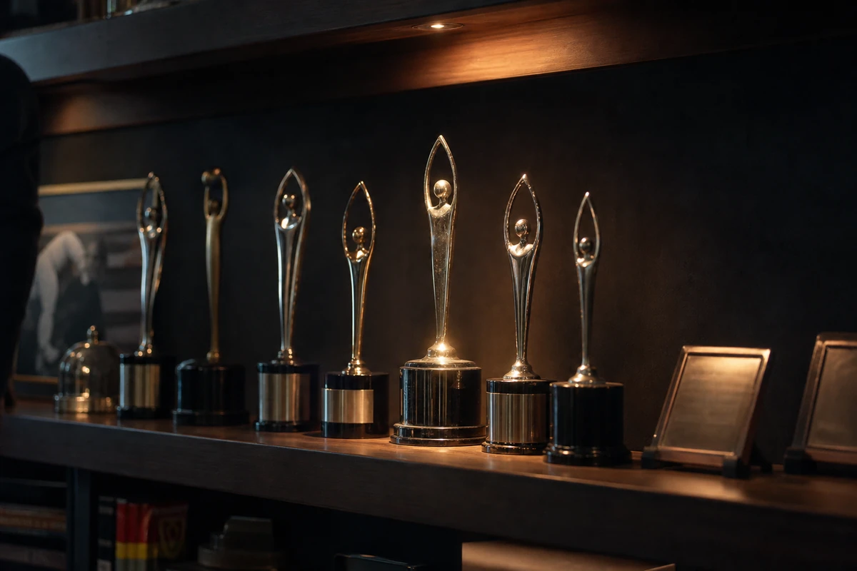 A shelf of television-industry award trophies lit softly against a dark backdrop.