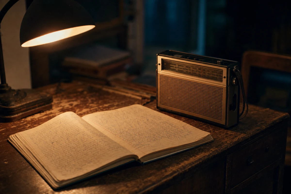 An old school exercise book and a vintage transistor radio resting together on a wooden desk, evoking the start of a broadcasting career.