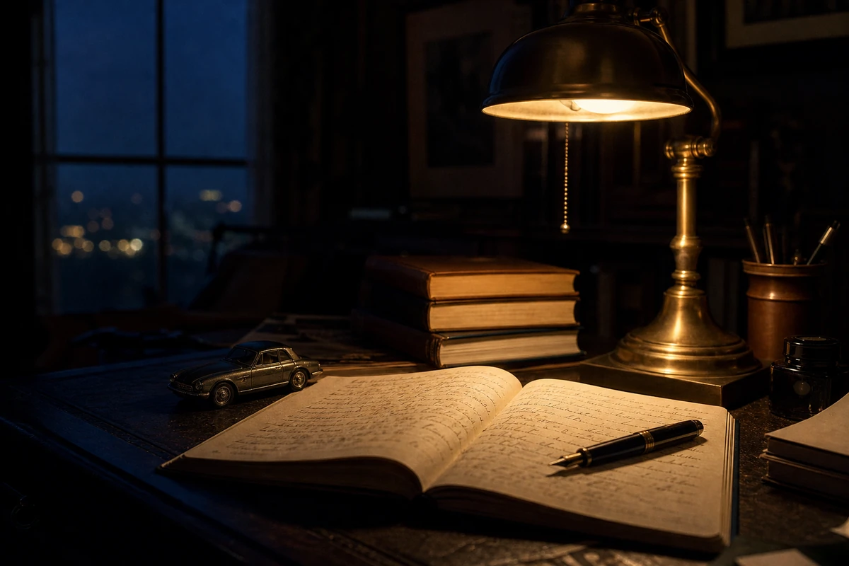 A writer's desk at night with a notebook and a model car.