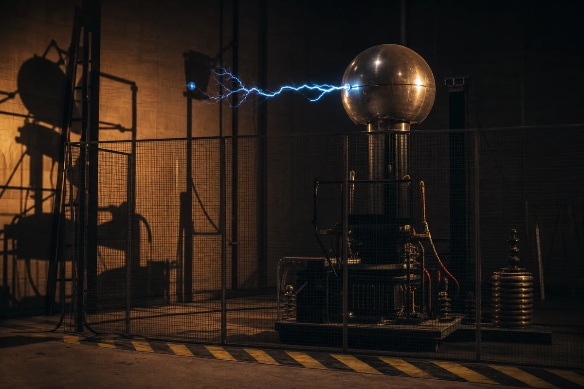 A television studio science set with a spark-gap generator and safety screen mid-demonstration.