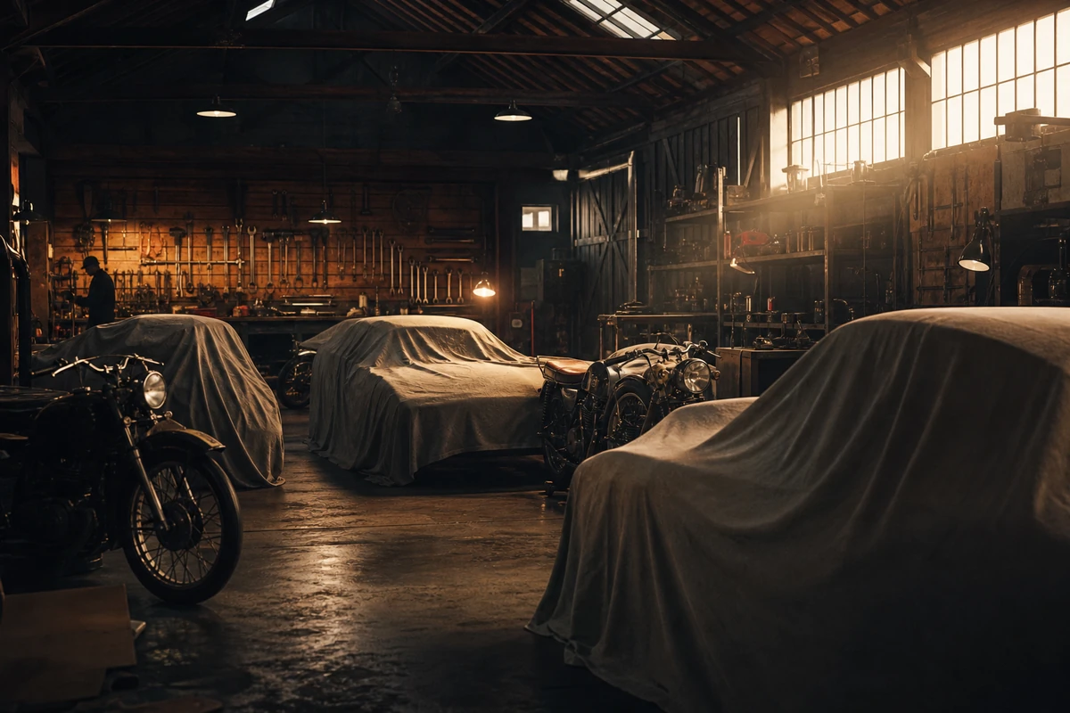 A private garage barn lined with classic cars and motorcycles under soft skylight.