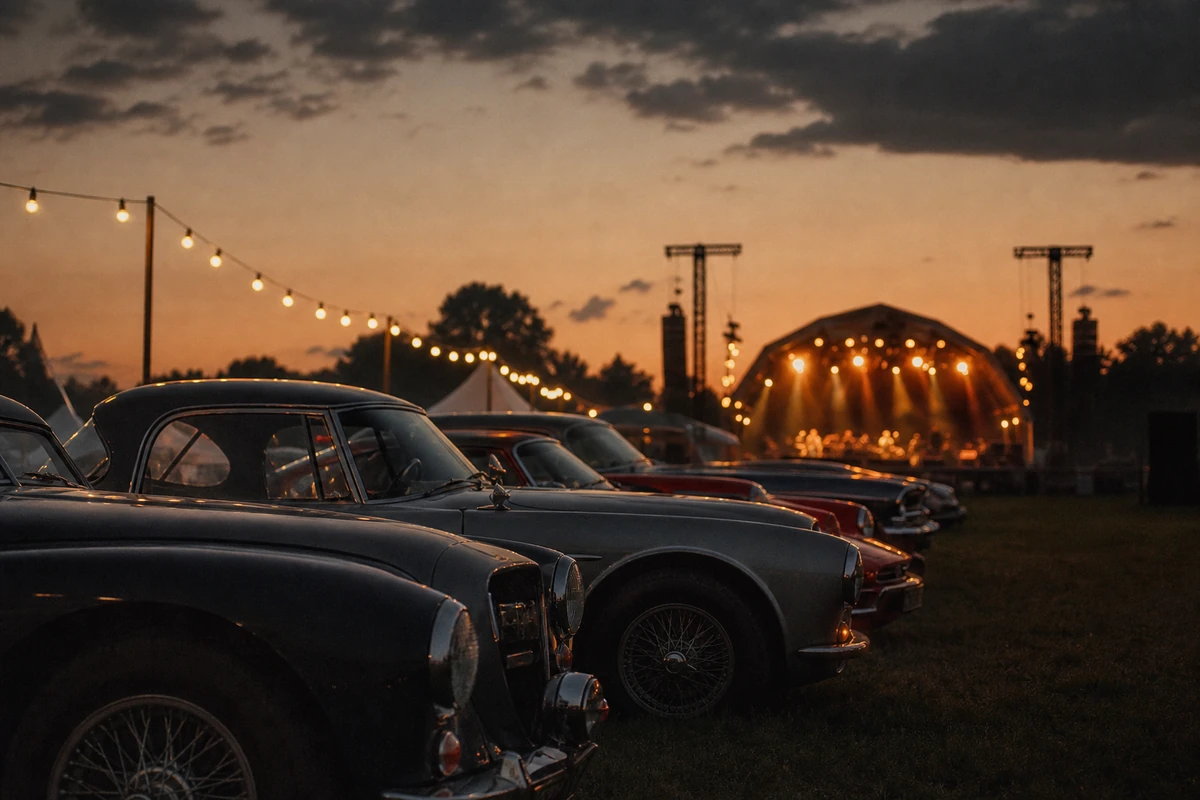 A festival field at dusk with a main stage silhouette and a line of classic cars parked nearby.