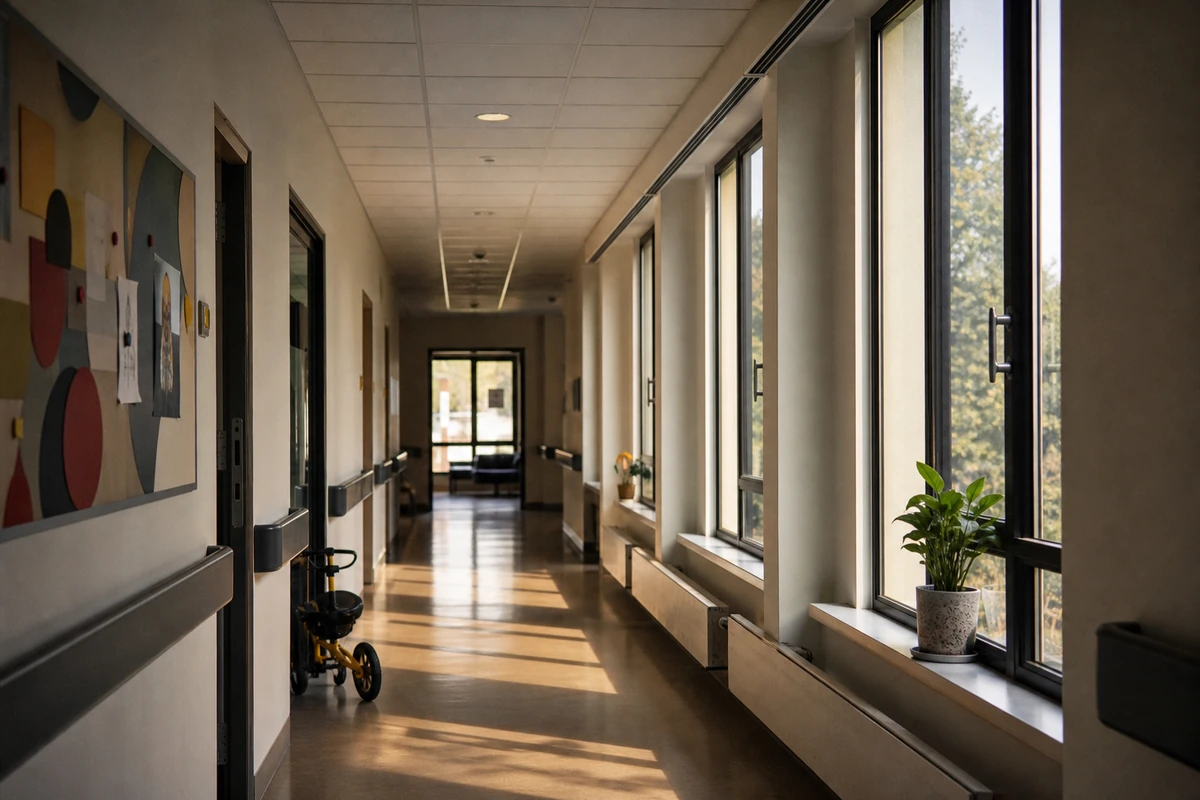 A quiet children's rehabilitation-centre corridor with soft daylight through tall windows.