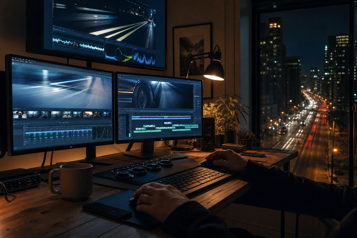 A video-editing bay at night overlooking city car headlight trails.
