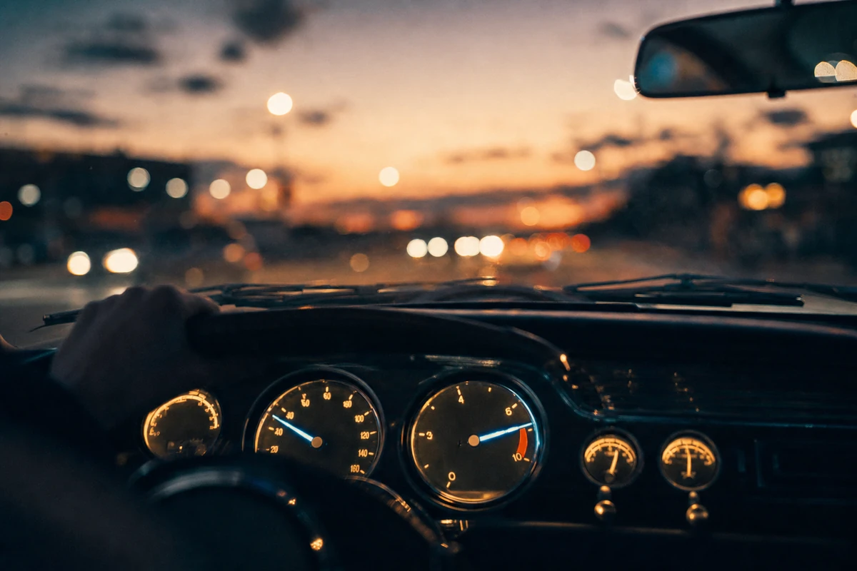 Close-up of a classic car instrument cluster, needles sweeping, reflecting a dusk sky.