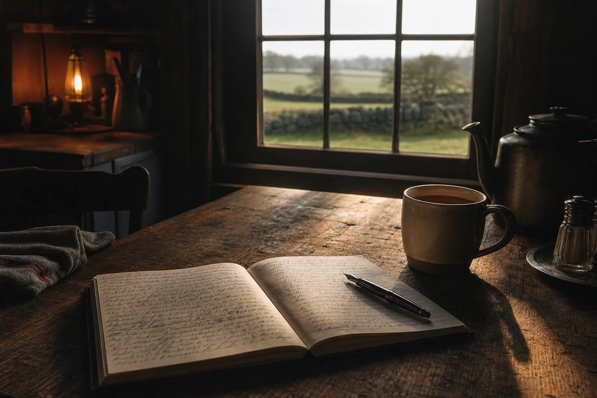 A rural Herefordshire farmhouse kitchen table with a notebook, a mug and morning light through the window.