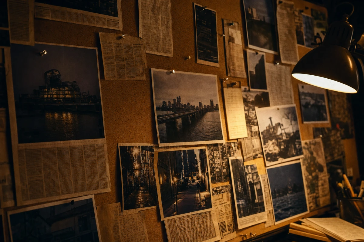 A corkboard densely covered with pinned newspaper clippings and press photographs, lit by a desk lamp.