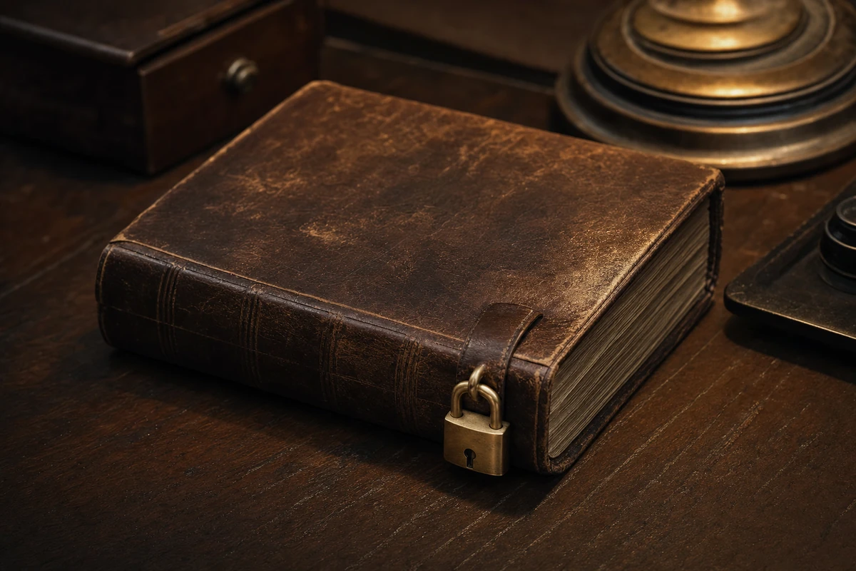 A weathered leather-bound ledger, closed and secured with a small brass padlock, resting on a wooden desk under warm lamp light.