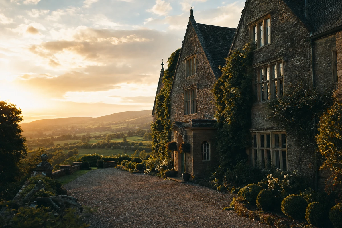 An English countryside stone manor house at golden hour.