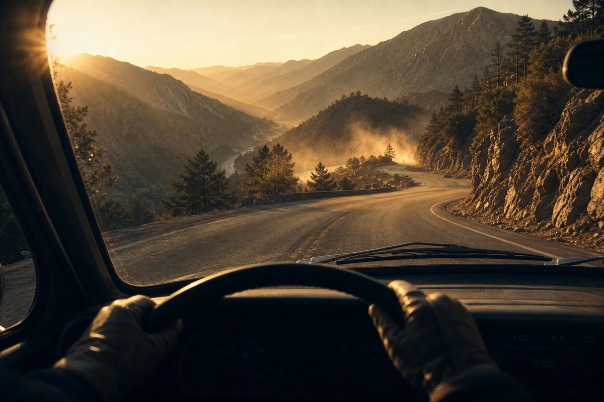A driver's-seat view of a winding mountain road at golden hour.