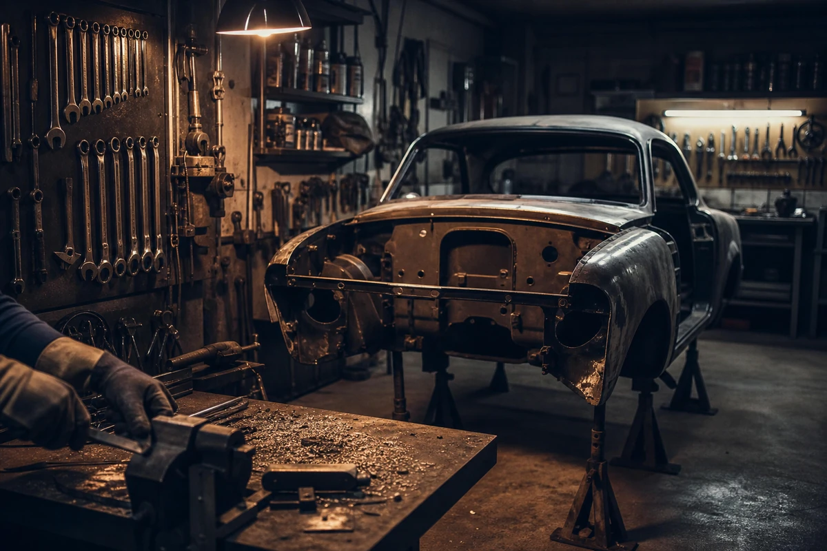 A classic-car restoration workshop with a stripped car body on axle stands.