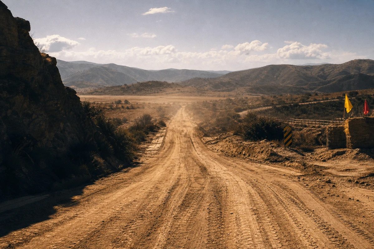 A dusty unpaved road stretching toward distant hills at midday, tyre tracks in the foreground.