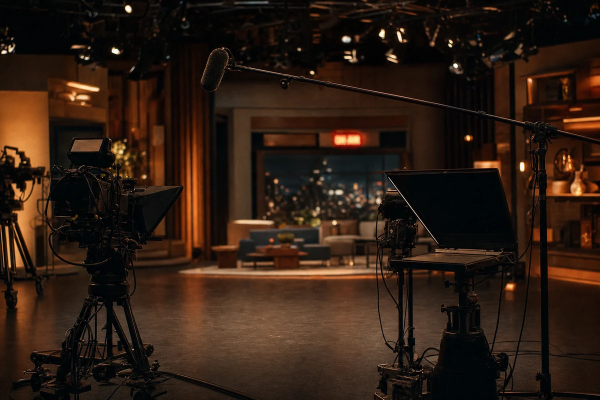 A television studio floor with camera rigs, a boom microphone and an autocue stand under stage lighting.